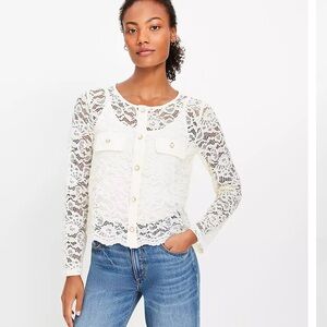 LOFT XL Ivory Cream Beige Lace Jacket Style Button Front Long Sleeve Top